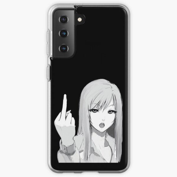 Bad girl, showing middle finger explicit gesture. Very rude anime girl. Monochrome drawing, black background. Samsung Galaxy Soft Case