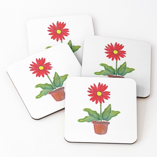 Item preview, red potted daisy water color designed and sold by EmiGdesigns.
