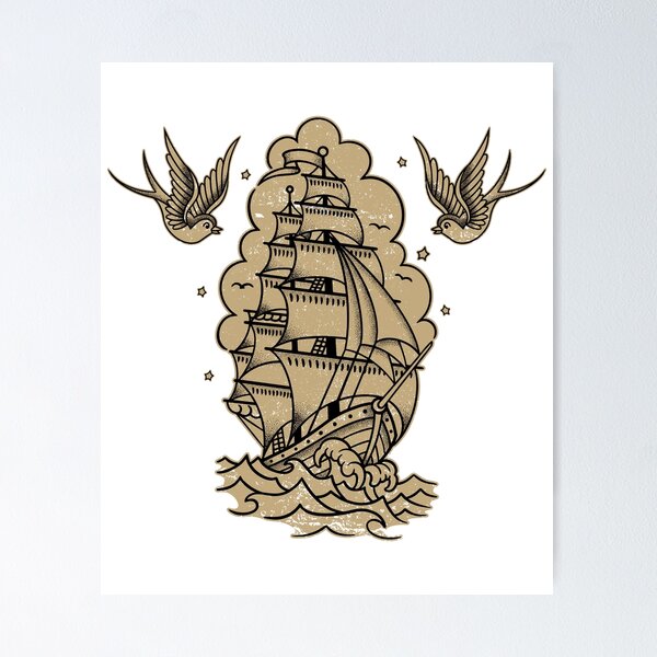 Item preview, Distressed Traditional Tattoo Sailing Ship and Swallows designed and sold by SevenRelics.