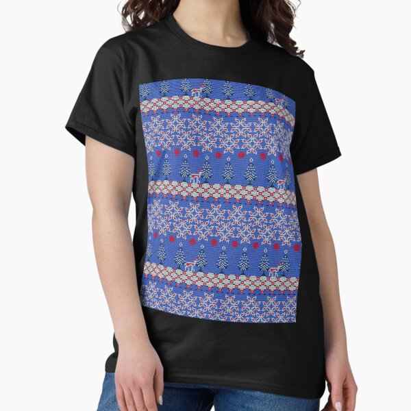 Red and Blue Christmas Trees and Reindeer Pattern. Classic T-Shirt