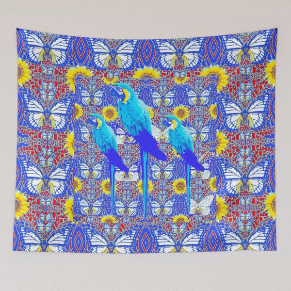 Item preview, TROPICAL BLUE MACAWS ON BLUE BUTTERFLIES & SUNFLOWERS ART PATTERNS designed and sold by sharlesart.