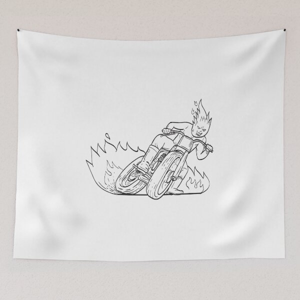 Item preview, Motorcycle Driver with Fireball Head Driving Motorbike Flat Track Racing  Line Art Drawing Black and White designed and sold by patrimonio.