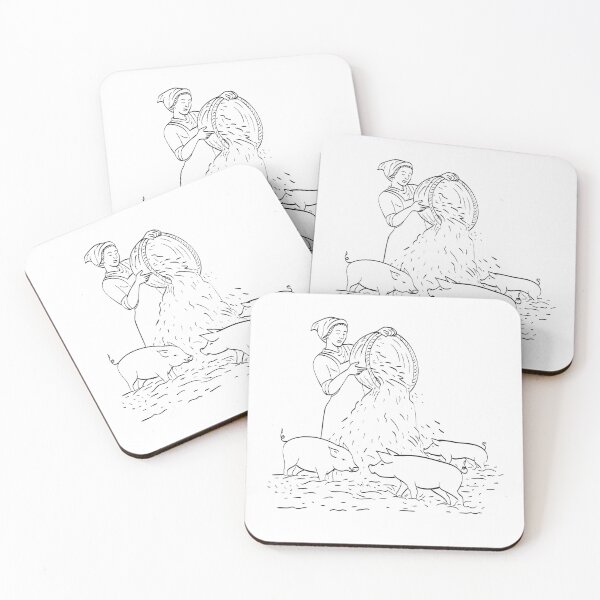 Item preview, Female Peasant Farmer Feeding Pigs Line Art Drawing Black and White designed and sold by patrimonio.