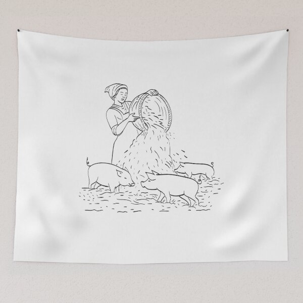 Item preview, Female Peasant Farmer Feeding Pigs Line Art Drawing Black and White designed and sold by patrimonio.