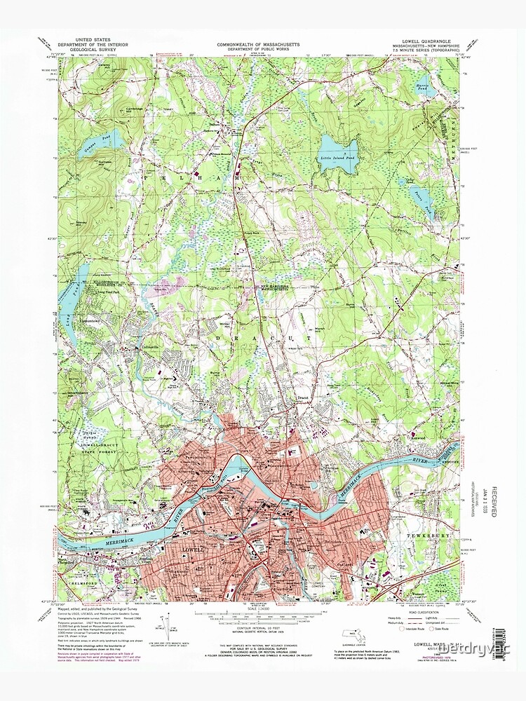 Disover Massachusetts  USGS Historical Topo Map MA Lowell 350244 1966 24000 Premium Matte Vertical Poster