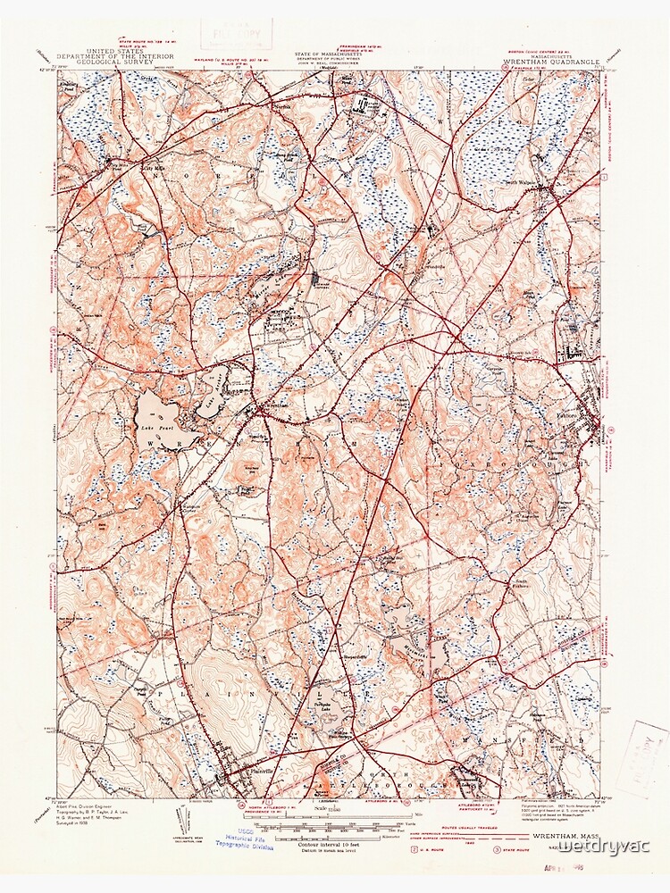 Discover Massachusetts  USGS Historical Topo Map MA Wrentham 352411 1940 31680 Premium Matte Vertical Poster