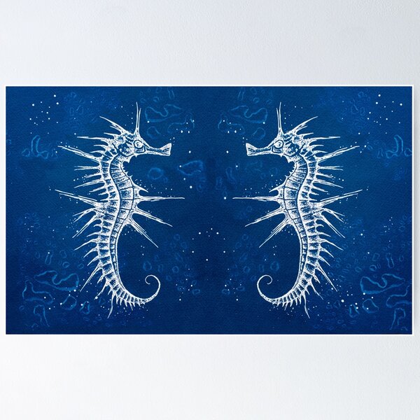 detailed cyanotype dotwork drawing of a seahorse Poster