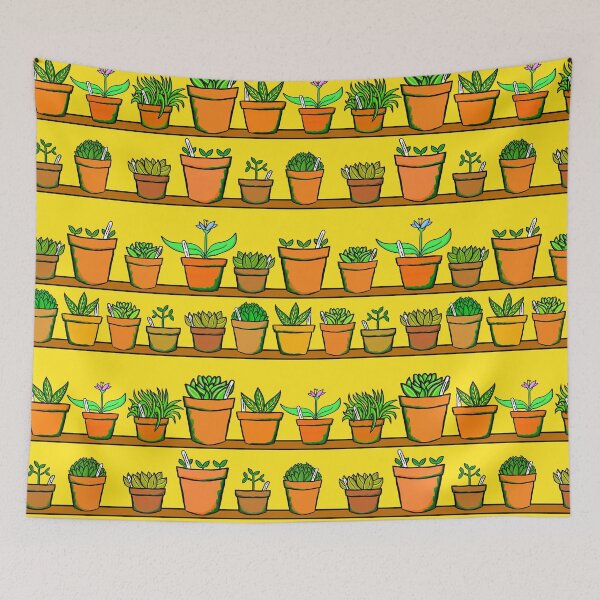 Item preview, Gardeners Shelves - Greenhouse Pot Plants - Yellow Background designed and sold by complicolor.