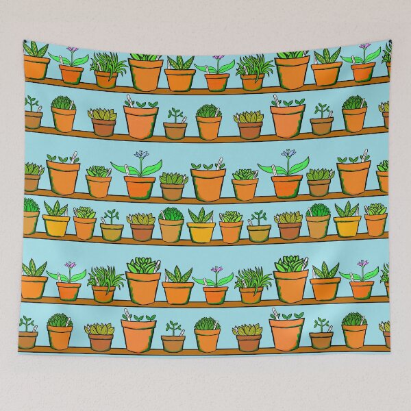 Item preview, Gardeners Shelves - Greenhouse Pot Plants - Blue Background designed and sold by complicolor.