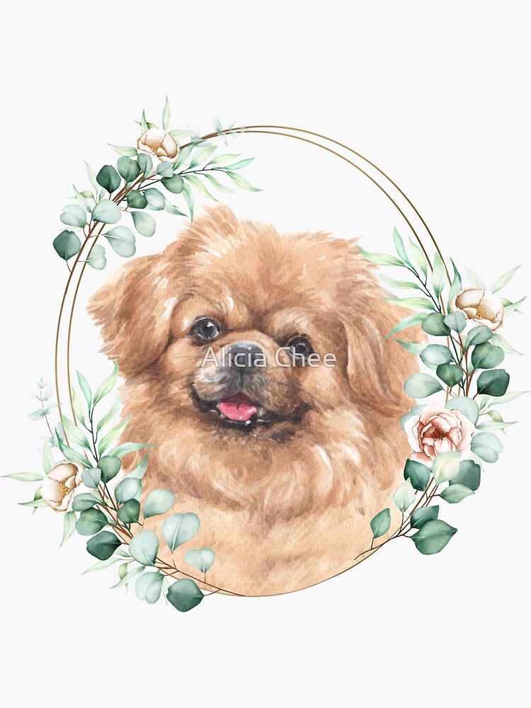 Tibetan Spaniel Dog in a Floral Gold Wreath Frame Sticker