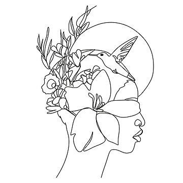 Aperçu de l'œuvre Dessin linéaire d'une fille afro-américaine aux cheveux bouclés. Illustration vectorielle isolée. Fleur sur sa tête. de Nina Velychko