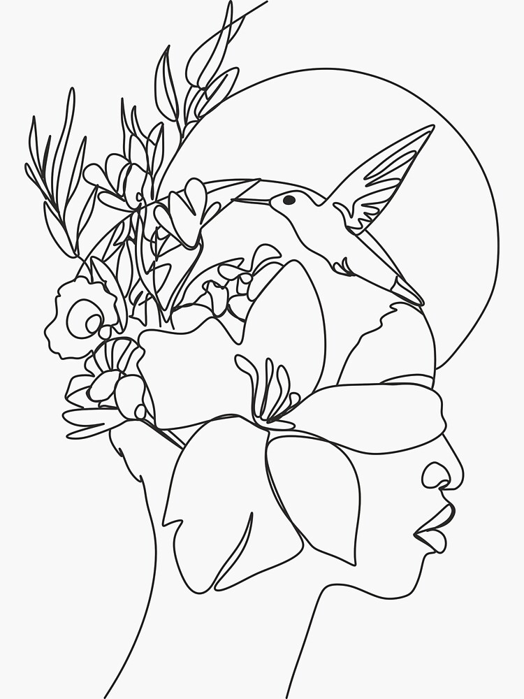 Aperçu 3 sur 3. Sticker avec l'œuvre Dessin linéaire d'une fille afro-américaine aux cheveux bouclés. Illustration vectorielle isolée. Fleur sur sa tête. créée et vendue par NinaVelychko.