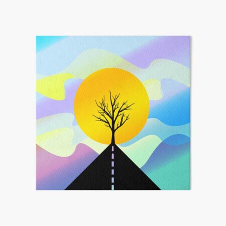 Route de montagne et arbre silhouette, coucher de Soleil Impression rigide