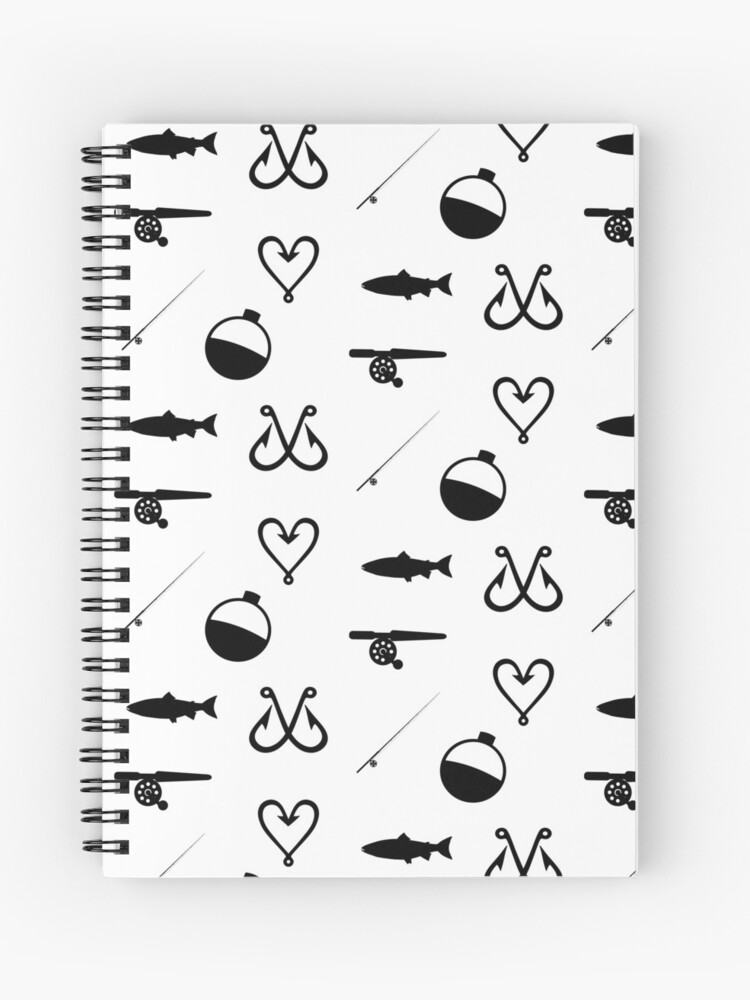 fishing hook, heart hooks, bobber, fishing pole | Spiral Notebook