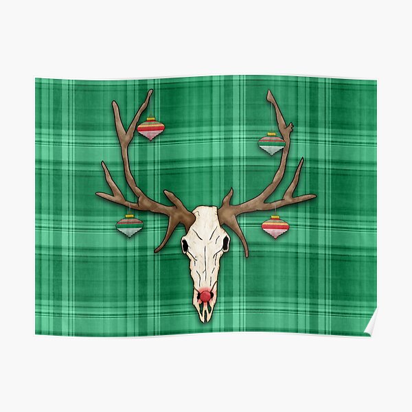 Reindeer Skull on Green Plaid Christmas Design Poster