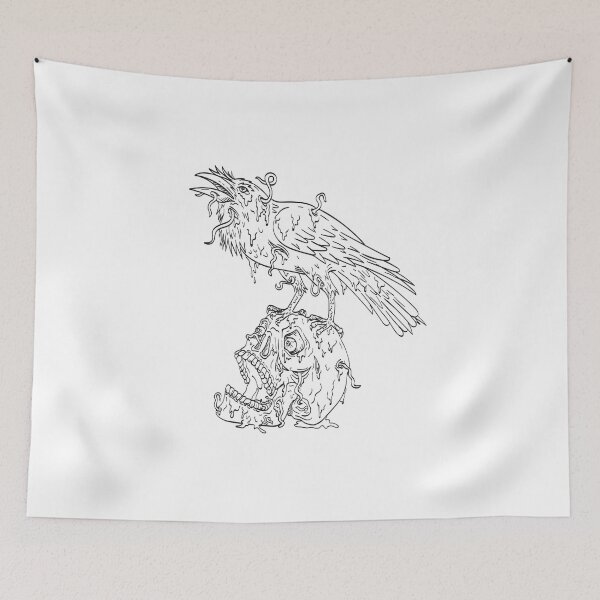 Item preview, Raven Perching on Top of Human Skull Dripping with Earthworm or Borrowing Worm Line Art Drawing  designed and sold by patrimonio.