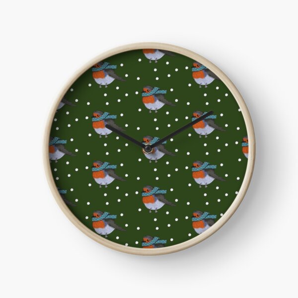 Snowy Winter Bird Green Clock