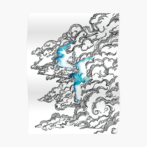 Oiseaux bleus aux nuages stylisés Poster