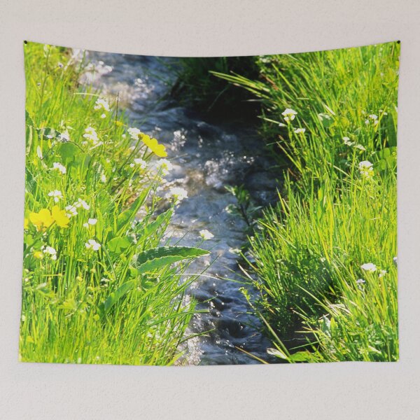 Item preview, Gently babbling brook meandering through a bright green field with summer wild flowers. Close up. designed and sold by JellyBeenzz.