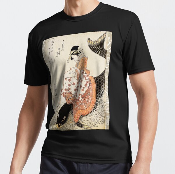 Mens T-Shirt Japanese Pattern Embroidery Ukiyo-e Carp koi Fish Black White  M-XXL