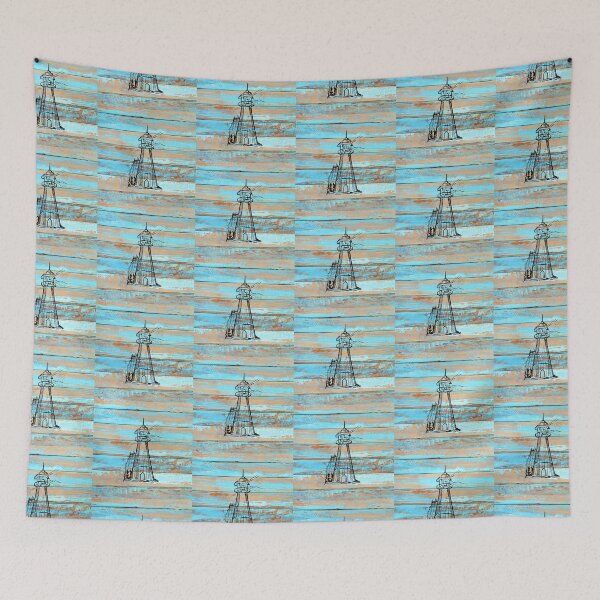 Item preview, Preppy 1980s Blue Beach Wood Coastal Rustic Ocean Lighthouse  designed and sold by IamTrending.