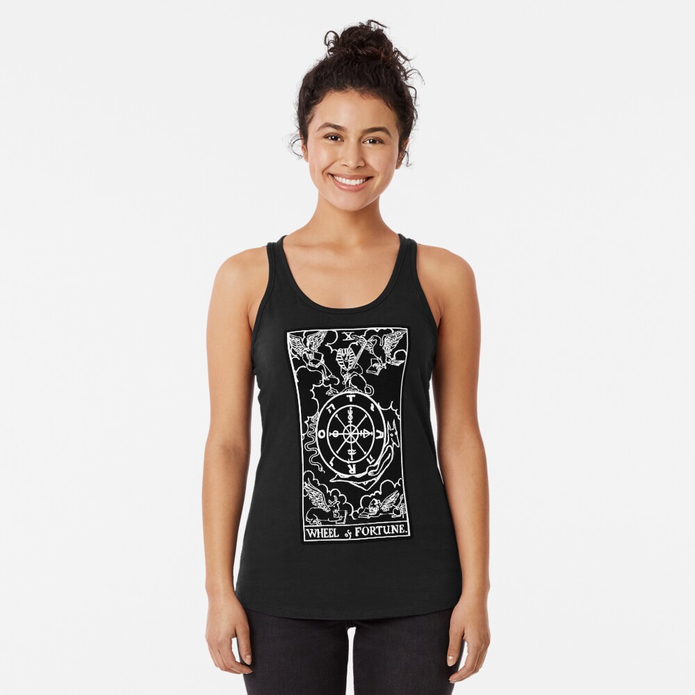 Discover X. Wheel of Fortune Tarot Card |Obsidian and Pearl Racerback Tank Top