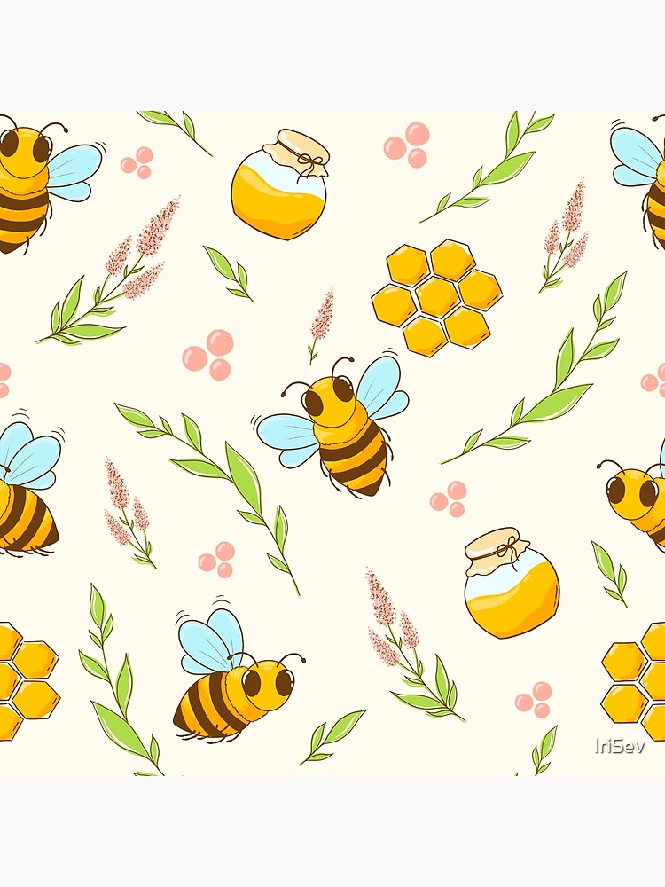 Bees and Flowers Active Honey Bees on Honeycomb Cotton Fabric