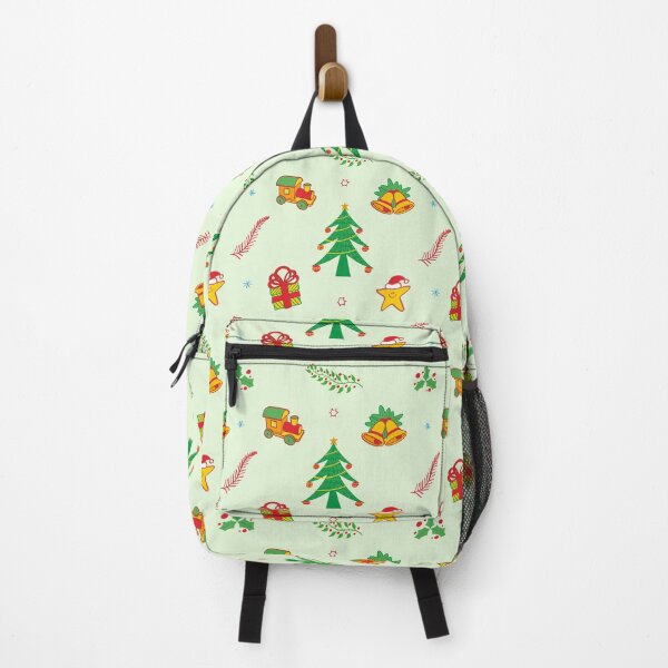 Item preview, Christmas tree, toy train, Xmas gift, bells and smiling star in a joyful pattern designed and sold by Zoo-co.