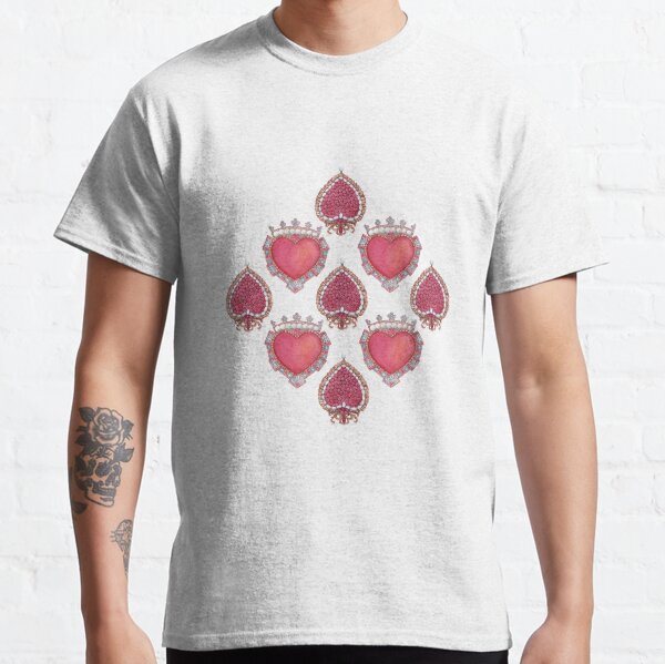 Vintage jewelry in the shape of a heart. Watercolor pattern with precious brooches with rubies, pearls and diamonds. Classic T-Shirt