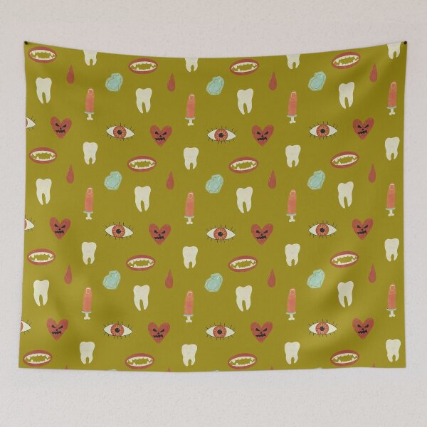 Item preview, Cute and Spooky Halloween Pattern, Mustard Background, Vampire, Eye, Tooth, Heart designed and sold by nkdttr.