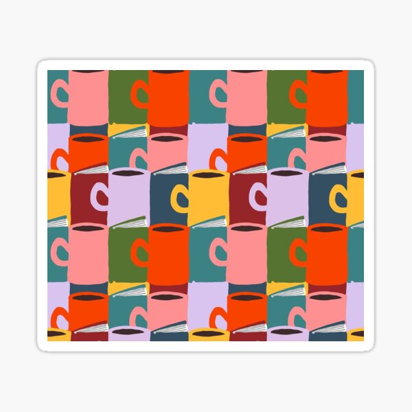 "Cozy Hygge Reading" Pop Art Modern Books Coffee Tea Pink Red Orange Yellow Blue Green Graphic Designer Print Sticker