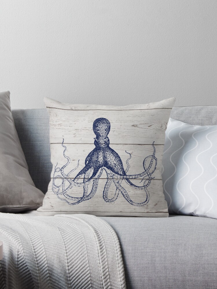 Preppy rustic white wood coastal beach chic octopus