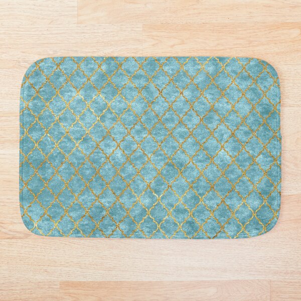 Elegant Aqua and Gold Quatrefoil Bath Mat