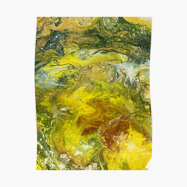 Yellow, Green, Silver and Red pour painting. Poster