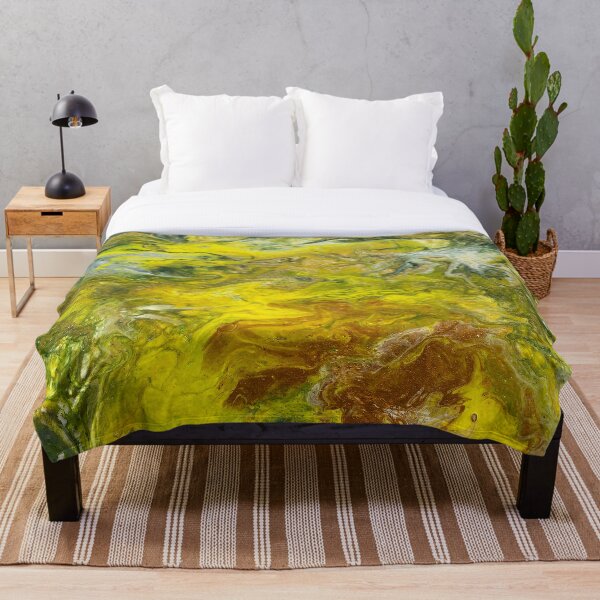 Yellow, Green, Silver and Red pour painting. Throw Blanket