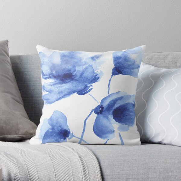 Blue Poppy Watercolor Throw Pillow