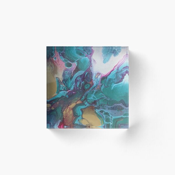 Metallic Turquoise, Magenta, Gold Abstract Acrylic Pour Art Acrylic Block