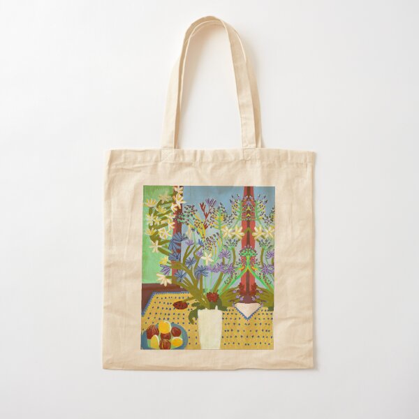 Flowers and Fruit in Yellow and Blue Cotton Tote Bag