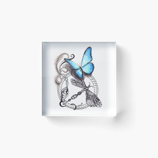 Blue butterfly pattern on the mandala and dragonfly. Acrylic Block