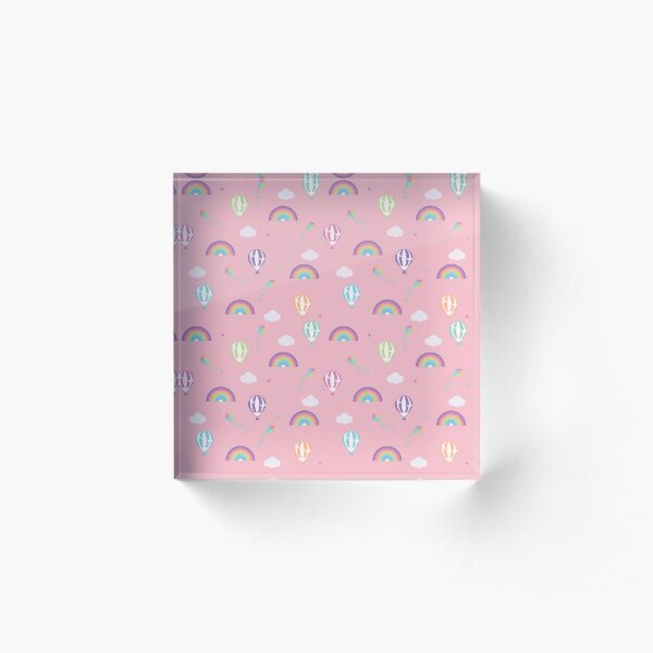 Pink with Rainbows and Multicoloured Hot Air Balloons Acrylic Block