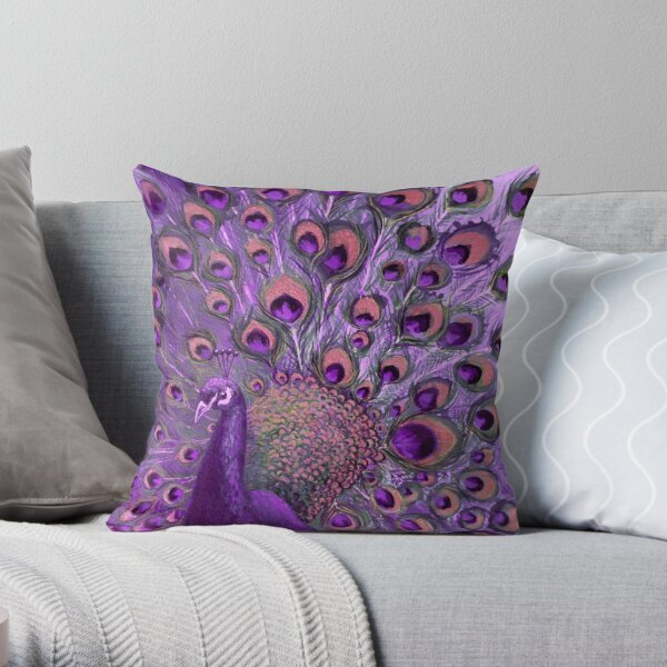Purple Peacock Full Glory Throw Pillow