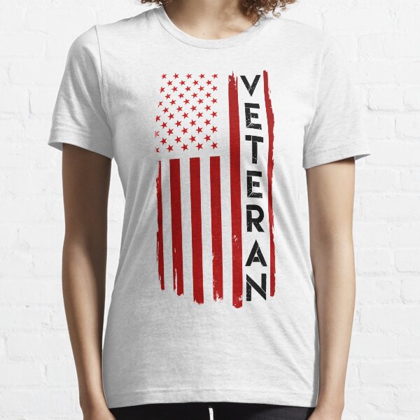 Veteran Distressed US Flag Red with Black Text Essential T-Shirt