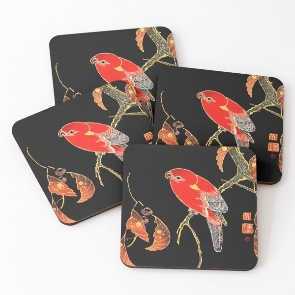 Item preview, RED PARROT ON A BRANCH OF A TREE Antique Japanese Floral designed and sold by BulganLumini.