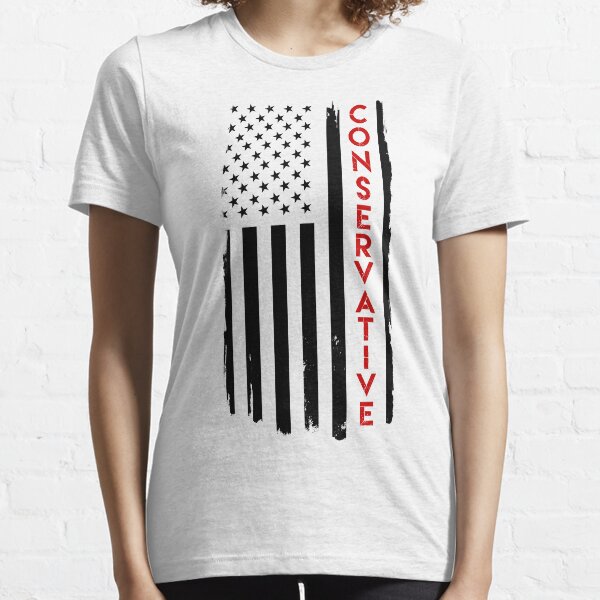Conservative Distressed US Flag Black with Red Text Essential T-Shirt