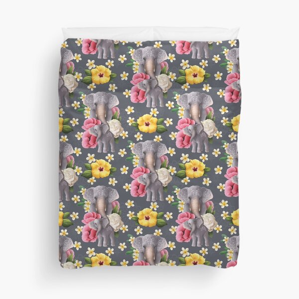 Mama elephant with baby - Gray Duvet Cover