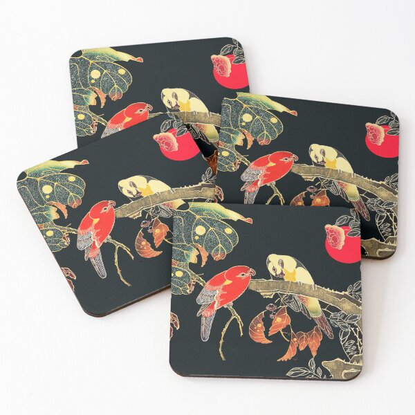 Item preview, PARROTS ON A BRANCH OF A FLOWERING ROSE BUSH Antique Japanese Floral designed and sold by BulganLumini.