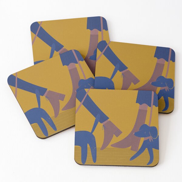 Item preview, Walking the dog - outdoors illustration in blue, mustard yellow and brown designed and sold by PawlickinDog.