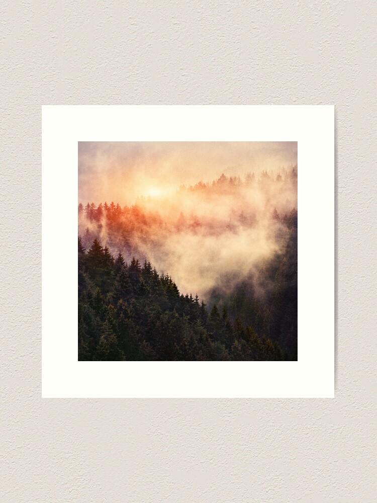 Thumbnail 2 of 3, Art Print, In My Other World // Sunrise In A Romantic Misty Foggy Autumn Fairytale Wilderness Forest With Trees Covered In Fog And Sunlight designed and sold by tekay.