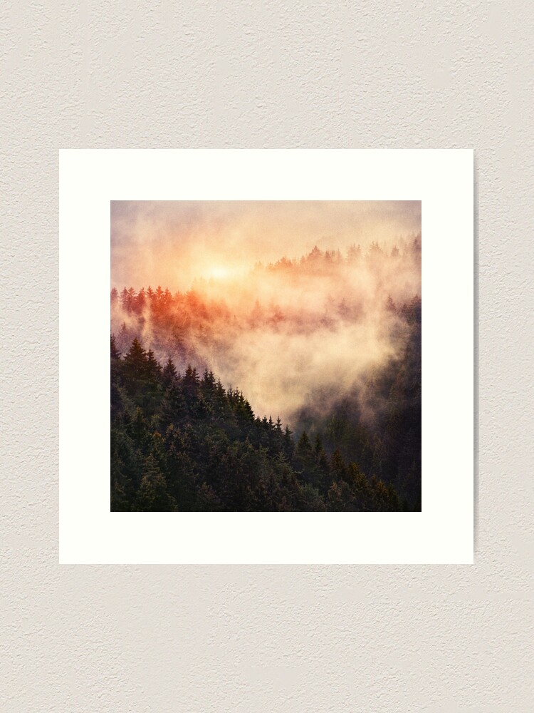 Thumbnail 2 of 3, Art Print, In My Other World // Sunrise In A Romantic Misty Foggy Autumn Fairytale Wilderness Forest With Trees Covered In Fog And Sunlight designed and sold by Tordis Kayma.