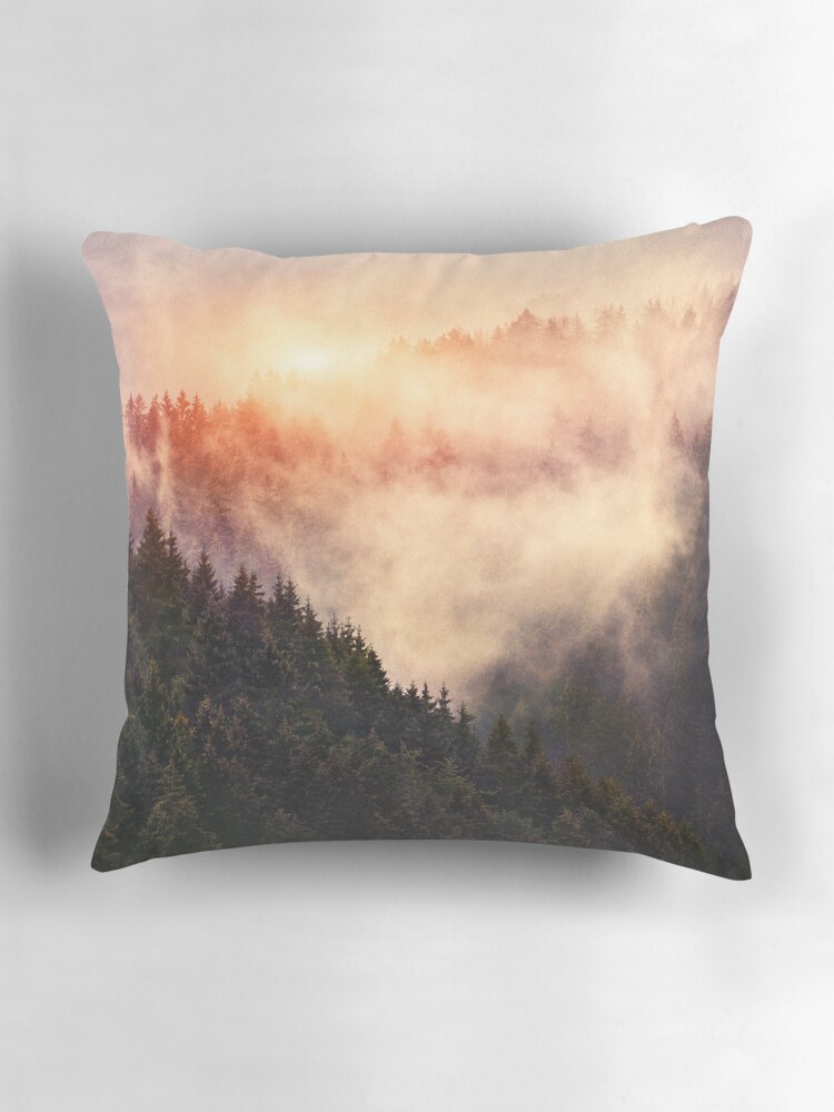 Thumbnail 3 von 4, Kissen, In My Other World // Sunrise In A Romantic Misty Foggy Autumn Fairytale Wilderness Forest With Trees Covered In Fog And Sunlight designt und verkauft von tekay.
